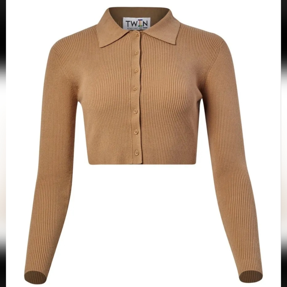 FINAL PRICE TWIN That's What I Need Tan Cropped Knit Top M RIbbed Long Sleeve